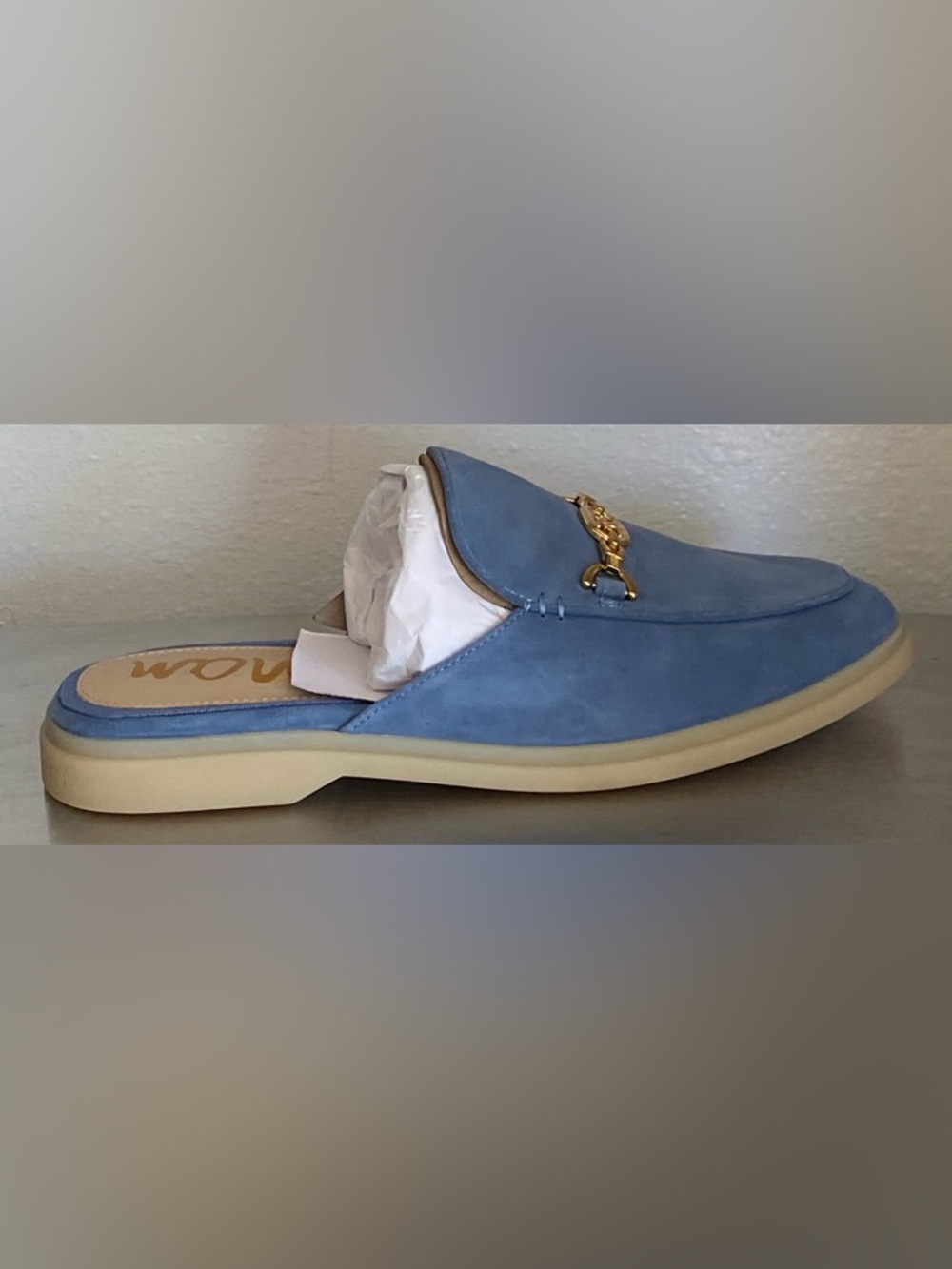 NEW.. SAM EDELMAN WOMENS BLUE SUEDE SLIP ON LOAFER MULES WITH BIT GOLD HARDWARE - Picture 9 of 10
